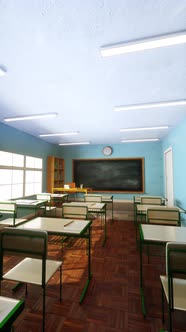 3D Video vertical Animation. Blank blackboard in an empty school classroom. Education concept. alt