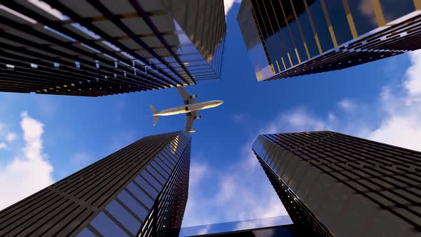 The Plane Flies Over The Buildings alt