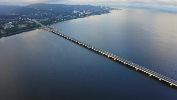 Drone View of a Modern Lowwater Bridge Across the Sea in Vladivostok alt