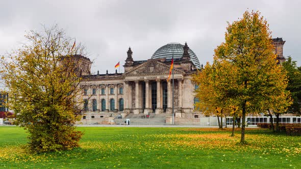 Cloudy Time Lapse of Reichstag building in Autumn, Berlin, Germany