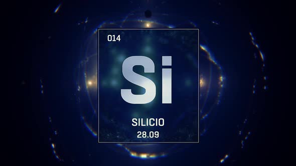Silicon as Element 14 of the Periodic Table on Blue Background Spanish Language