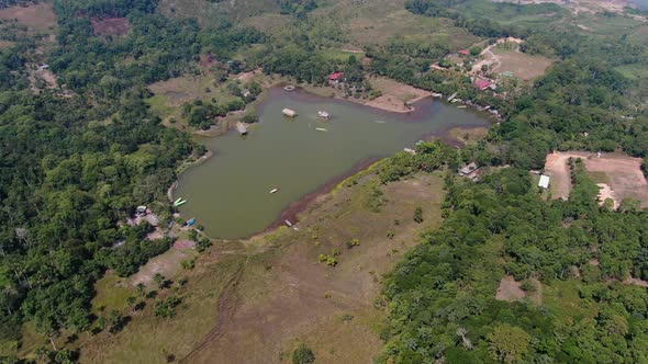 Marvelous 4k daytime aerial view looking over the tropical rain forest rural area of Tingo Maria, ce alt