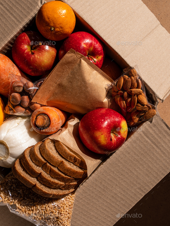 Healthy food delivery flat lay Take away organic products.Donation box New normal online shopping