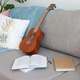 ukulele, books and pillows on the couch. Cozy trendy hipster apartment interior.  - PhotoDune Item for Sale