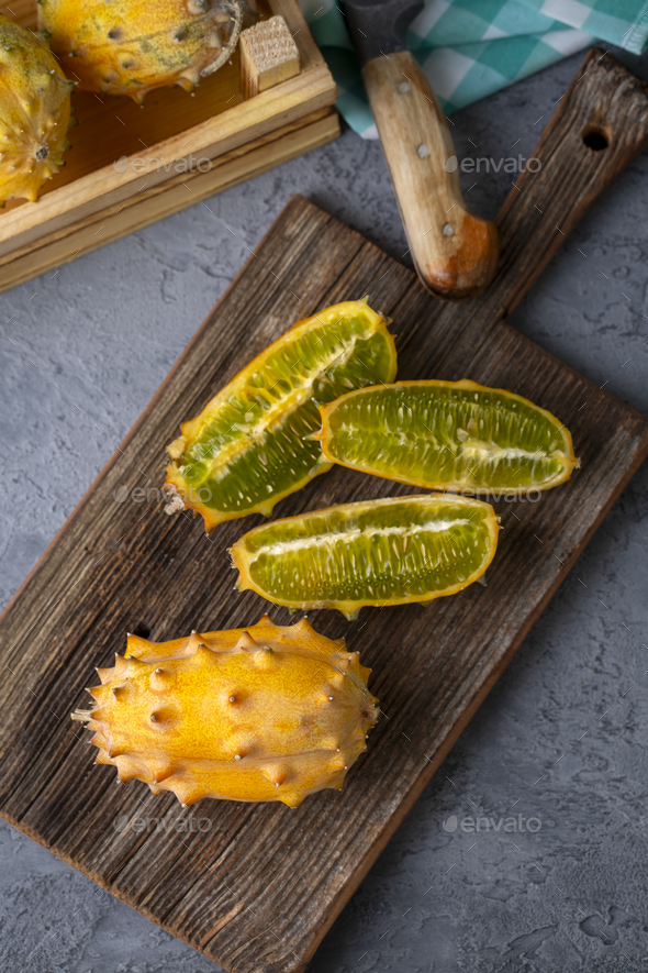 Kiwano fruit; Horned melon is known by such names as African horned melon or melon, jelly melon,  - Stock Photo - Images