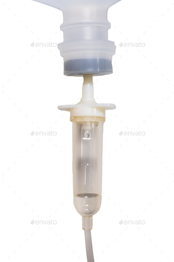 Close-up Saline solution iv fluid drip, isolated on background