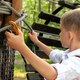 Closeup of little boy clamping safety rope with hook before riding