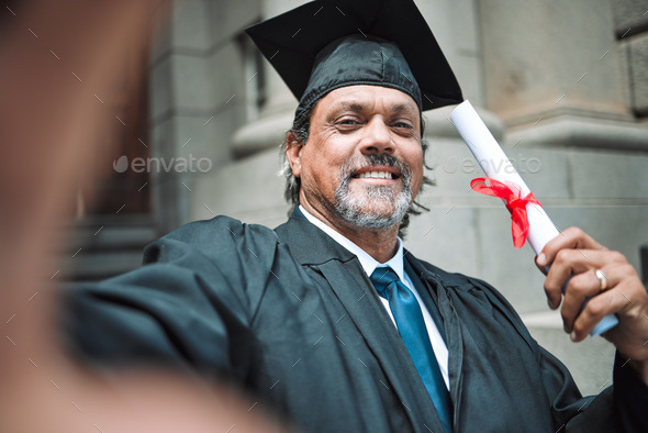 Mature man, graduation selfie and portrait with smile, law degree or diploma in street, pride or so
