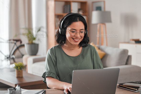 Happy, remote work and woman with a laptop for call center communication and consultation. Smile, a