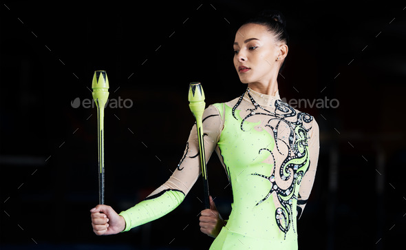 Gymnastics, sports and woman with clubs on black background for dance, training or exercise. Aerobi