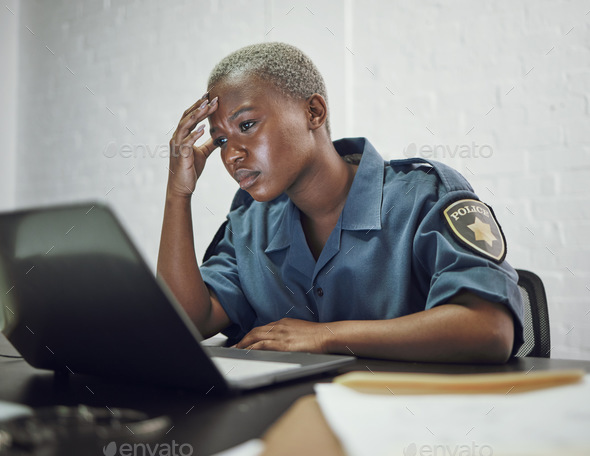Police, woman and headache from working with stress on computer or frustrated with case, report or