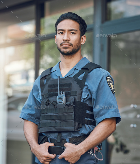 Security, police and portrait of man in city for justice, inspection and supervision on patrol. Sur