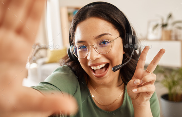Woman, call center and selfie with smile, peace sign and post with work from home office, headphone
