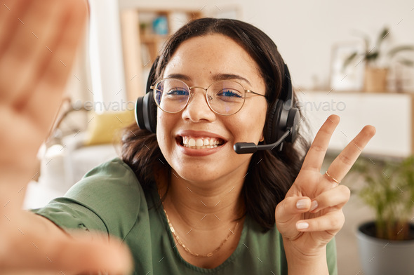 Woman, call center and selfie with peace sign, happy and post with work from home office, headphone