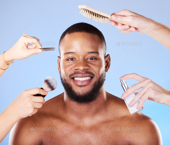 Self care, beauty and portrait of a man with products in a studio for natural, face and grooming ro