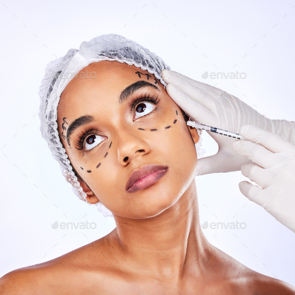 Plastic surgery, beauty and hyaluronic acid with face of woman in studio for lip filler, skincare o