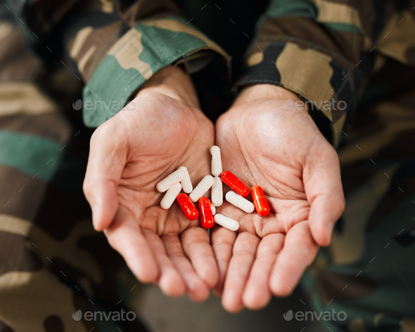 Soldier, hands and drugs from psychologist in therapy or person healing mental health with medicati