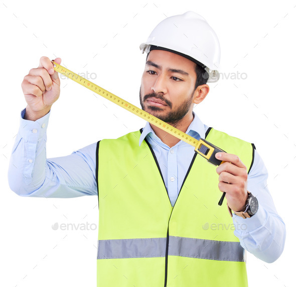 Architect, tape measure or studio man check numbers of building inspection, real estate project or