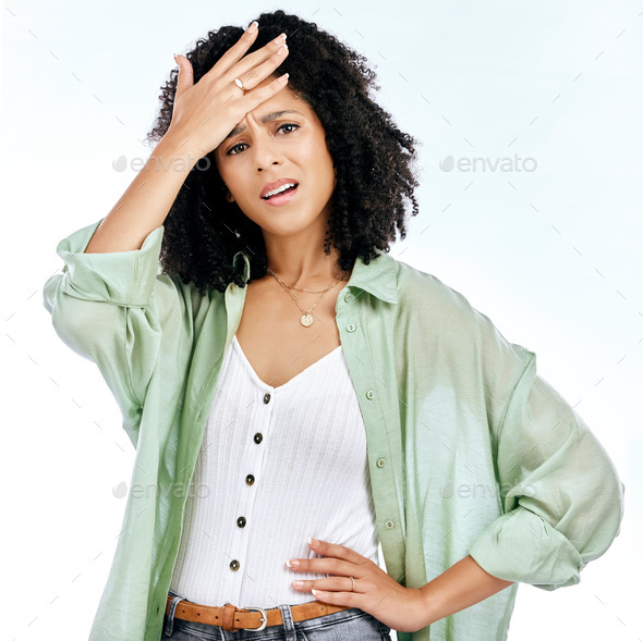 Facepalm, frustrated and portrait of black woman on a white background