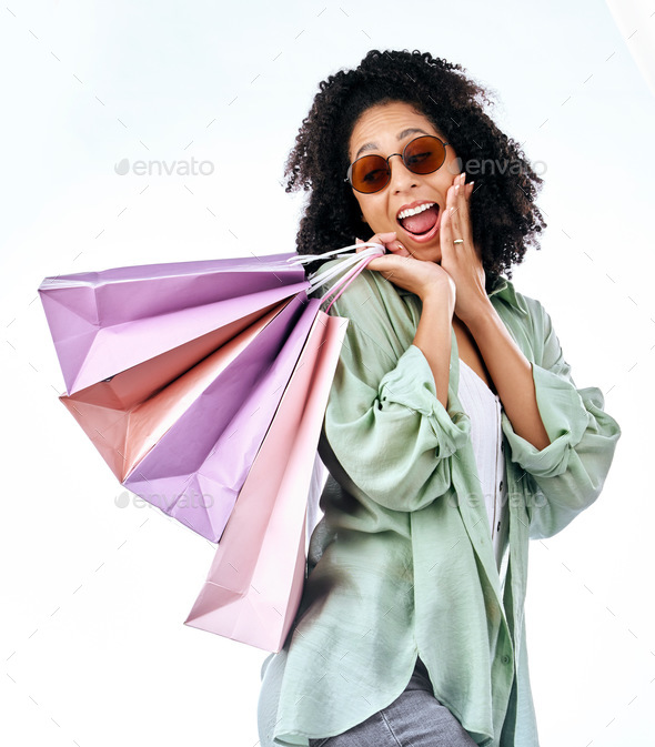 Wow, sale and woman with shopping bag in studio for discount, promo or retail news on white backgro
