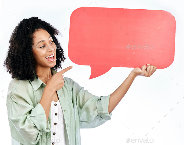Woman, smile and hand pointing to speech bubble in studio for social media, contact or info on whit