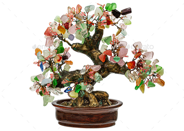 Bonsai, decorative tree made of natural semi-precious stones, isolated on white background