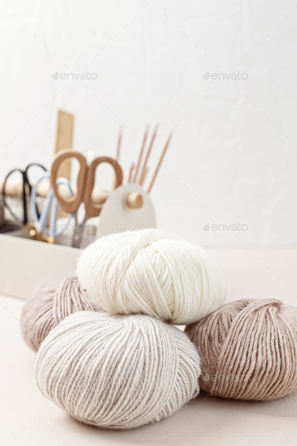 Sewing, knitting supplies and accessories for needlework in craft tool box  Stock Photo by OksaLy