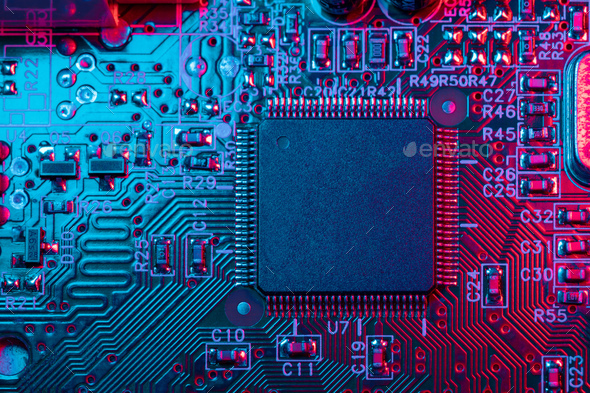 Digital Microprocessor. Computer Controller Circuit Board closeup Main Central Processing Unit