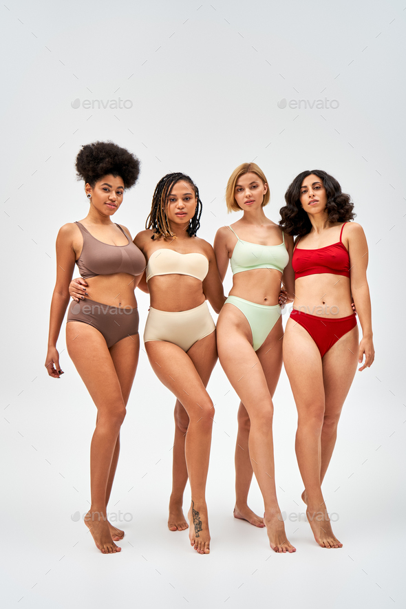 Multi-ethnic Group Beautiful Women Posing Underwear Stock Photo