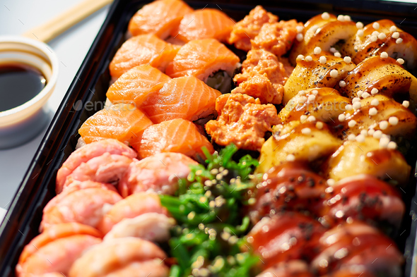 Japanese Sushi Set with Soy Sauce, Wasabi and Pickled Ginger Stock