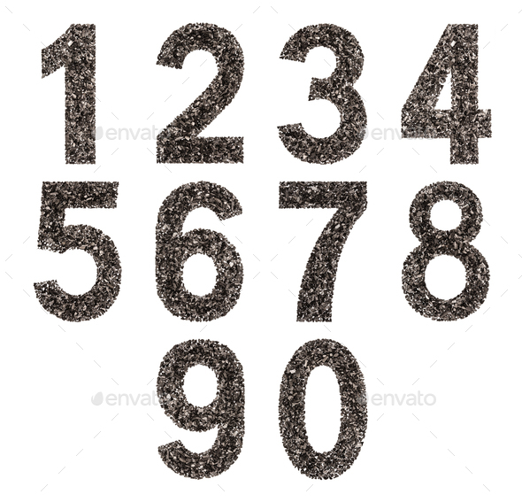 Set of arabic numbers, natural charcoal, isolated on white background