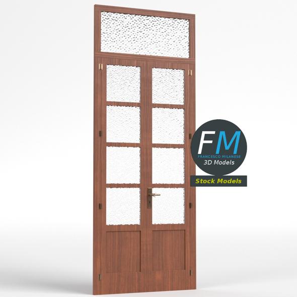 Wooden door with glass panels and transom