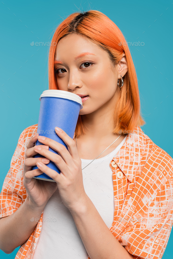 Woman Drinking Coffee Out Of A Paper Cup Stock Photo, Picture and