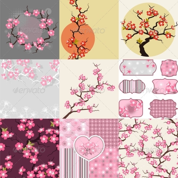 Cherry Blossom Seamless Patterns, Backgrounds. - Flowers & Plants Nature