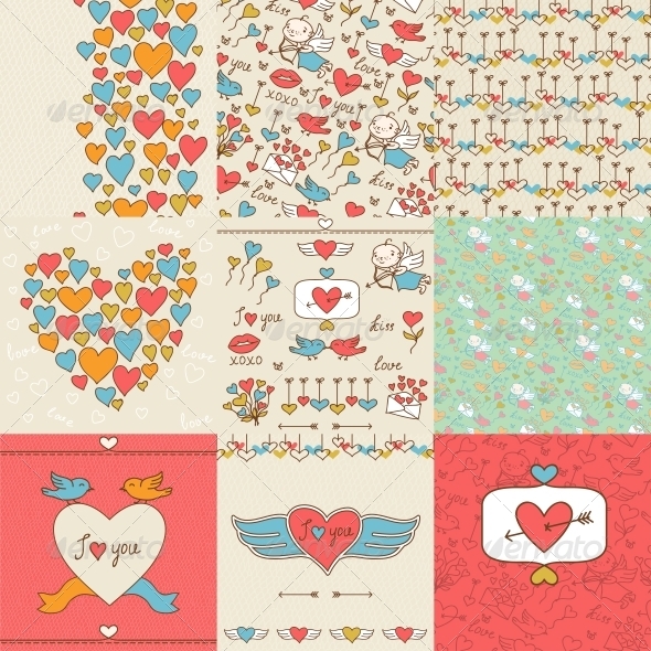 Set of Valentine's Cute Doodles and Backgrounds. - Valentines Seasons/Holidays