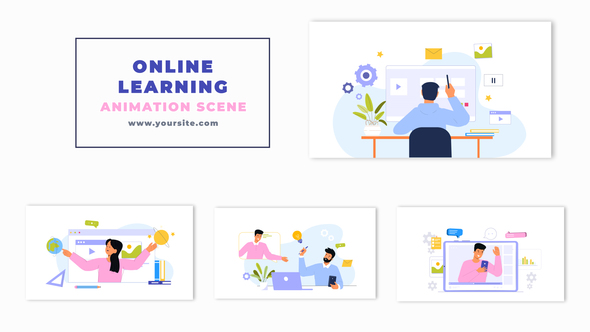 Online Learning Students Flat Character Animation Scene