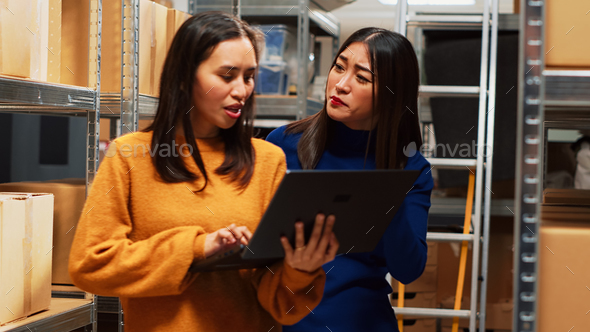 Female employees looking at logistics on laptop