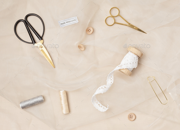 Sewing, knitting supplies and accessories for needlework in craft tool box  Stock Photo by OksaLy