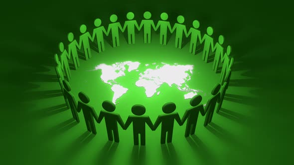 3D Cutout Icon People in Green Silhouettes forming a Looped Circle around White World Map Background