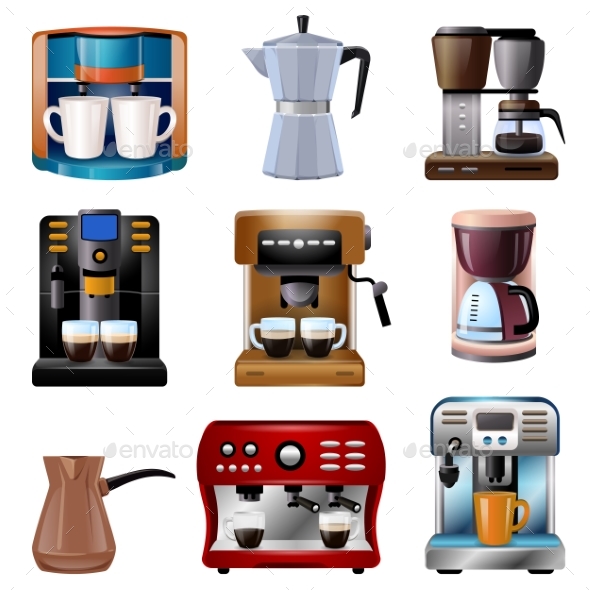 Coffee Maker Icons Set Cartoon Vector, Vectors GraphicRiver
