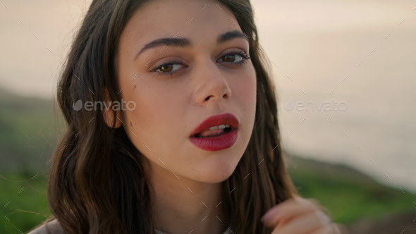 Gorgeous Woman Looking Camera With Magnetic Gaze Closeup Portrait