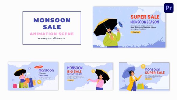 Monsoon Sale Offer Flat Character Animation Scene