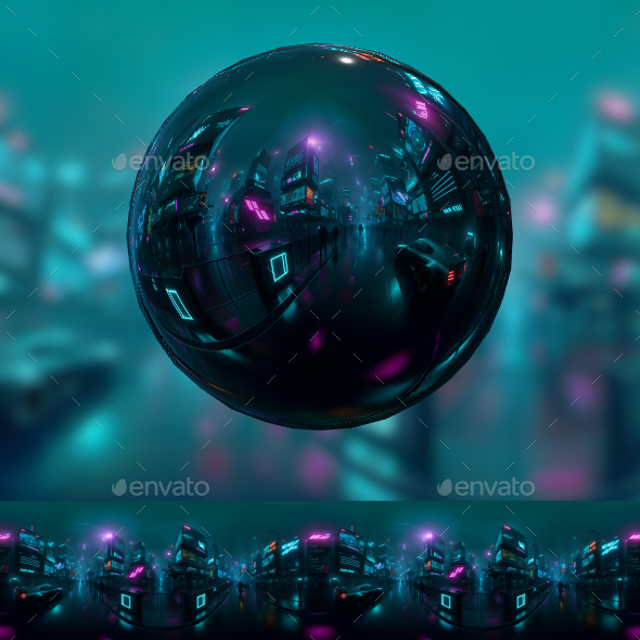 Full 360 degrees seamless spherical panorama equirectangular projection of Cyberpunk Night City