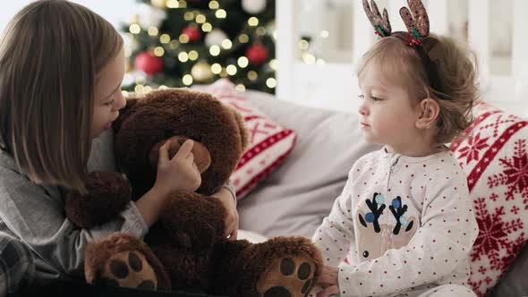 Video of two little girls playing with a teddy bear. Shot with RED helium camera in 8K. alt