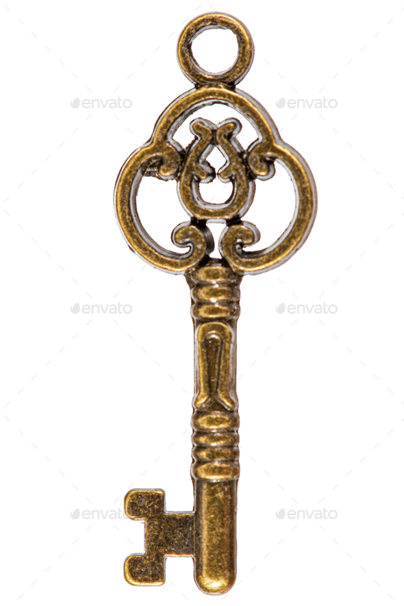 Bronze key, decorative element for design, isolated on white background