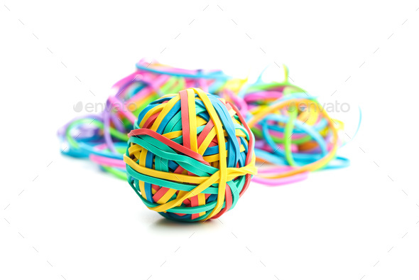 Colorful rubber bands ball isolated on white background. Stock
