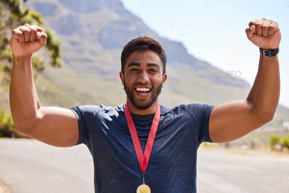 Fitness, winner and portrait of man with medal on mountain for exercise, training and running race.