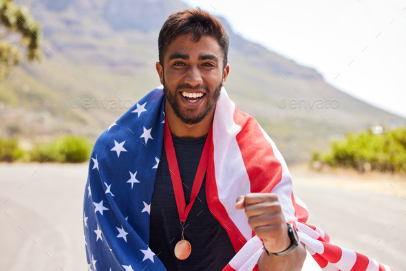 Fitness, winner and portrait of man with USA flag on mountain for exercise, training and running ra