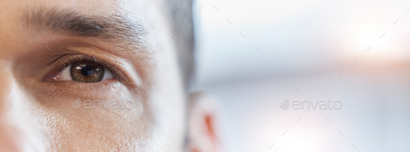 Closeup eye, portrait and a man with mockup for vision, healthcare and banner of contact lens. Focu