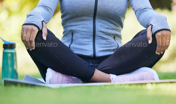 Yoga meditation, legs or nature person meditate for spiritual healing, chakra energy balance or par